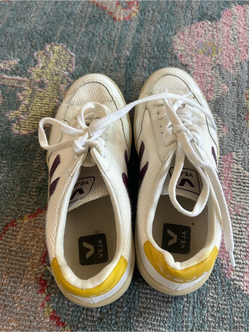 Veja V-12 White Leather Sneakers with Purple V and Yellow Heel Tab - Picture 7 of 8